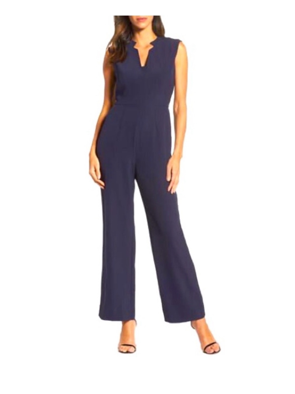 Tahari Navy Notch-Neck Sleeveless Wide-Leg Jumpsuit